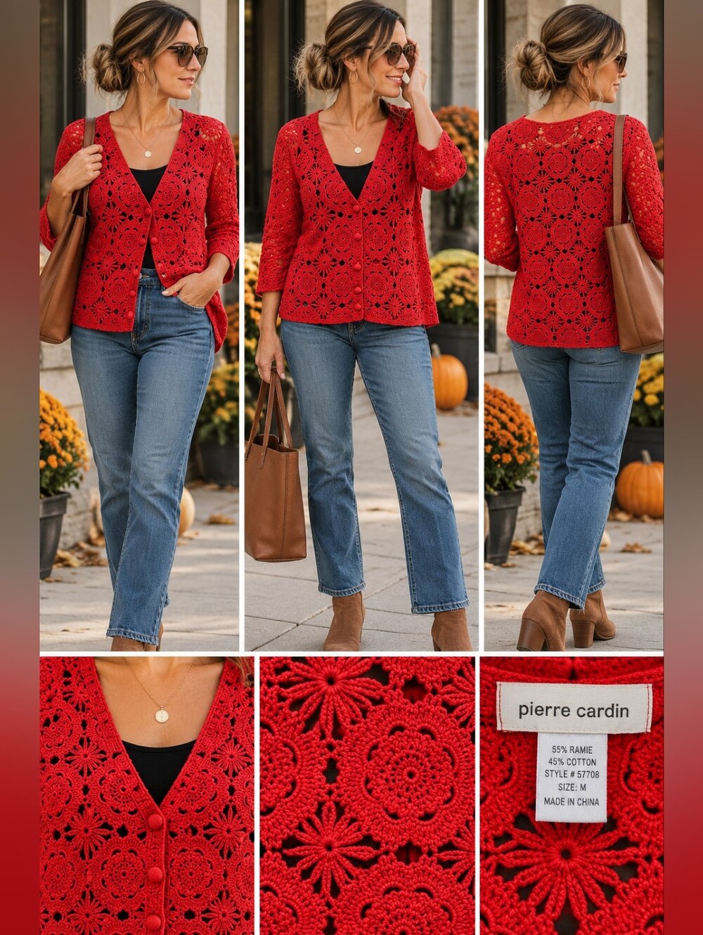 Pierre Cardin Women’s Red Floral Crochet Cardigan Top Size Small Y2K Vintage